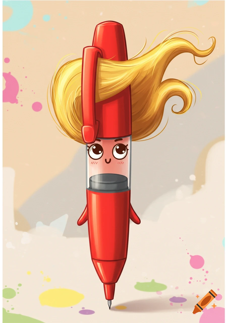 A cartoon red pen with a cute face, blonde hair, and small arms, standing on a surface with colorful paint splatters.