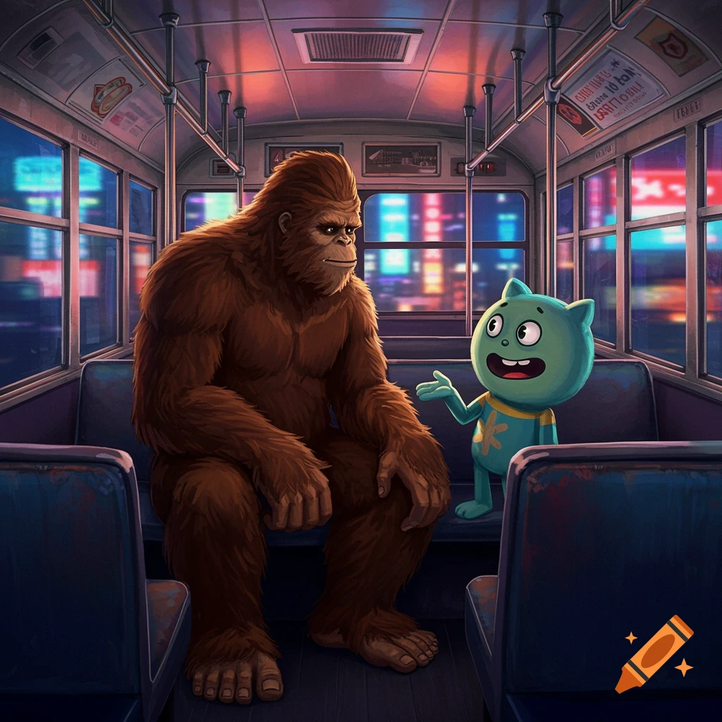 A large brown Bigfoot and a small blue cartoon monster character sit on a bus at night, with city lights visible outside.