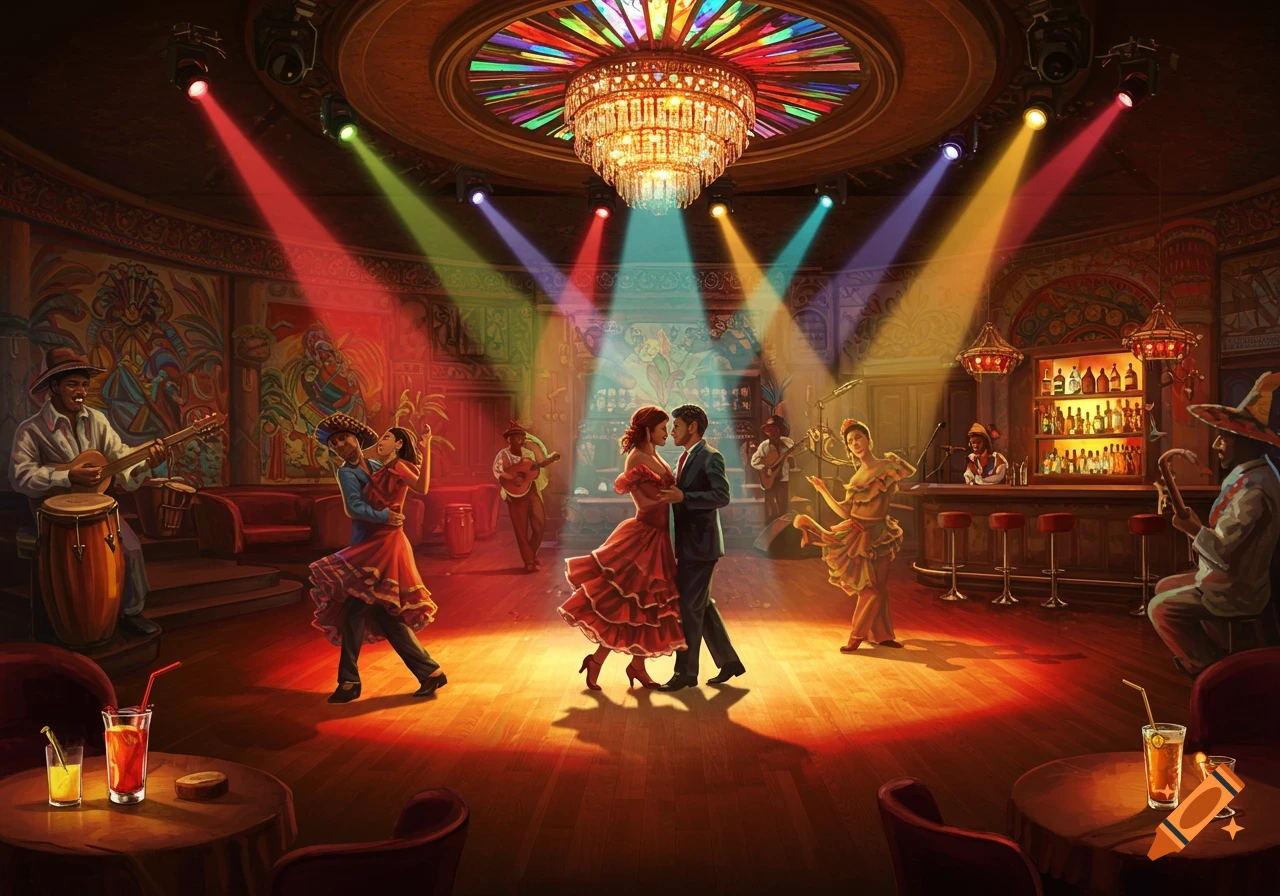 Vibrant illustration of a lively Latin-themed nightclub with dancers under colorful spotlights, musicians playing, and a bar.