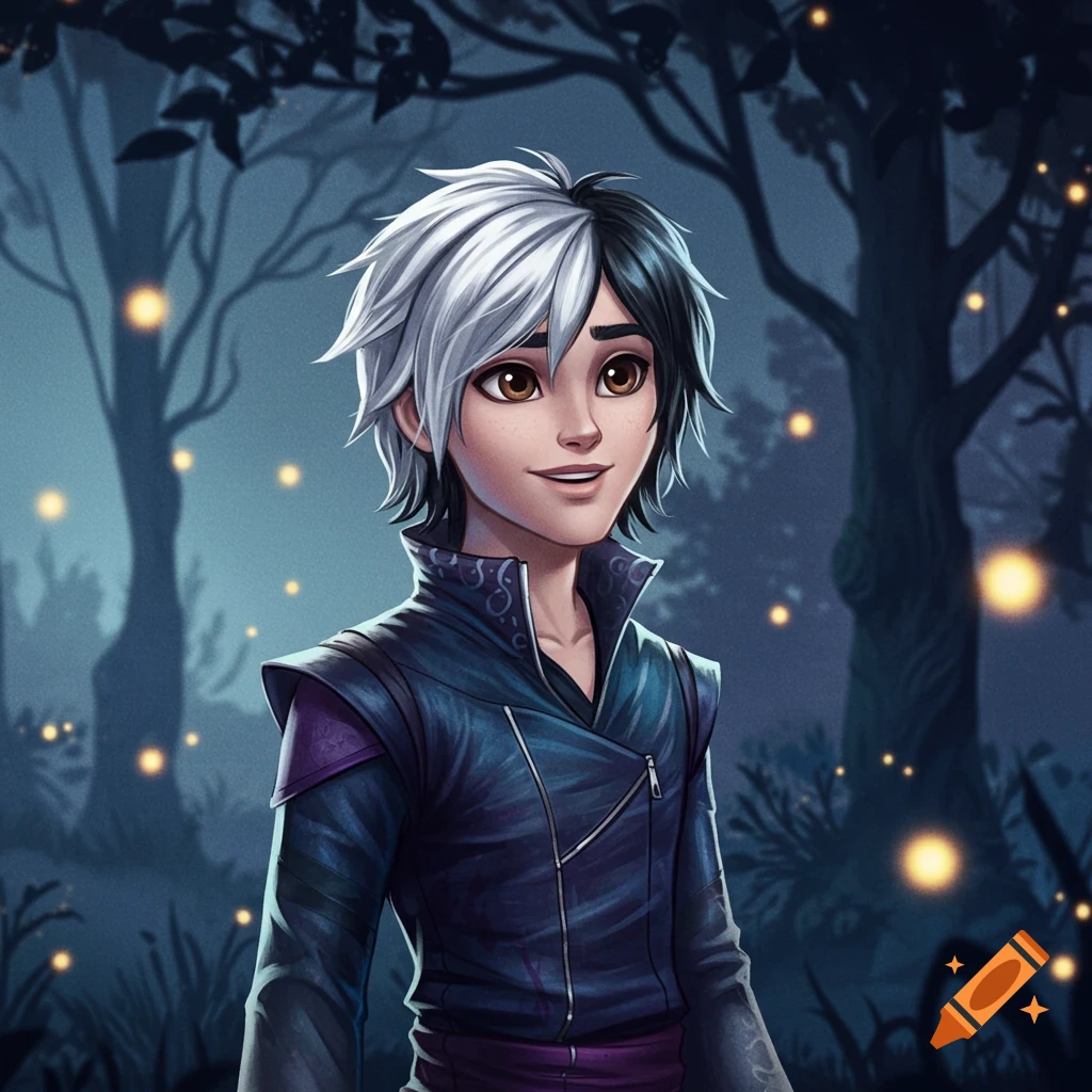 A young boy with white hair and black underlayers, brown eyes, wearing a dark blue and purple jacket, stands in a mystical forest with glowing lights in an anime style.