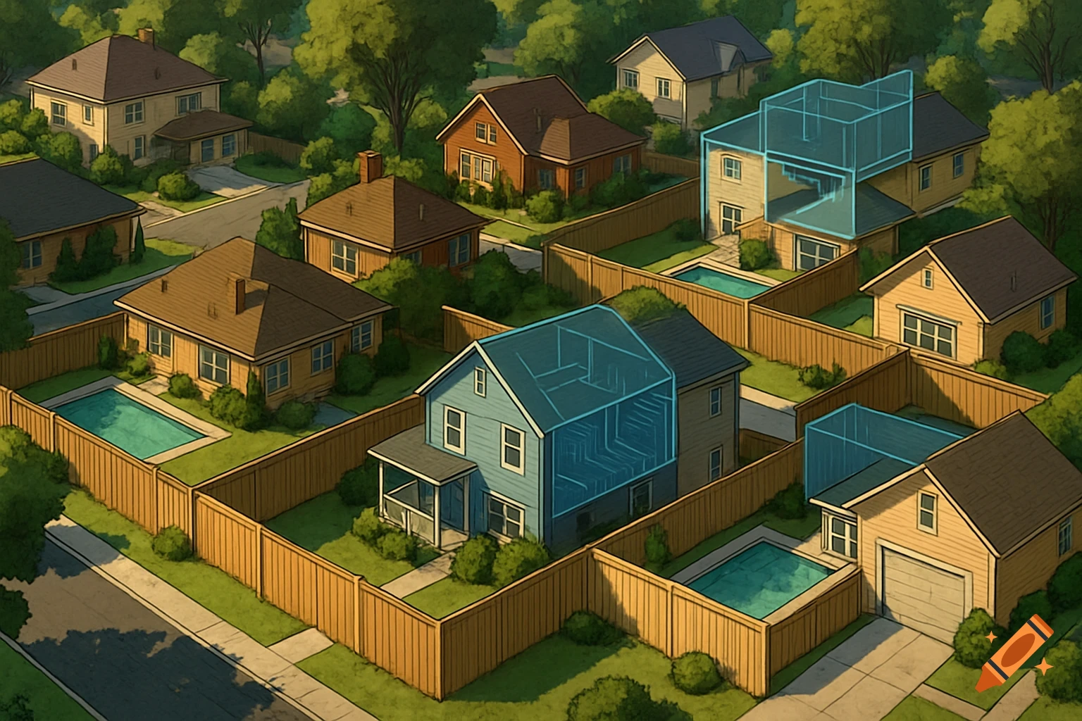 An isometric aerial view of a suburban neighborhood with houses, fences, and pools. Some houses feature blue wireframe blueprint overlays.