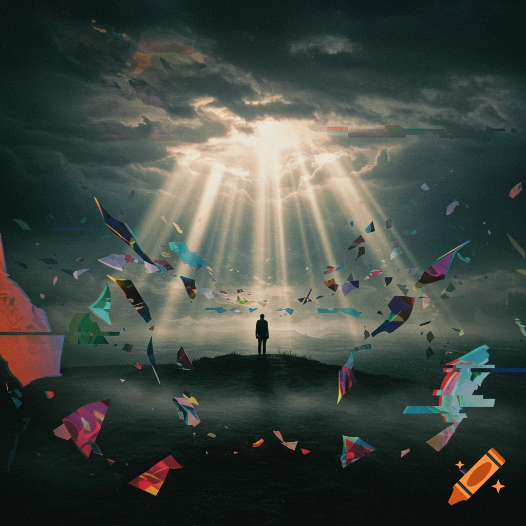 A silhouetted figure stands on a dark hill under a dramatic, cloudy sky with sun rays breaking through. Colorful, abstract shards float around the figure, creating a fragmented, glitch art effect.