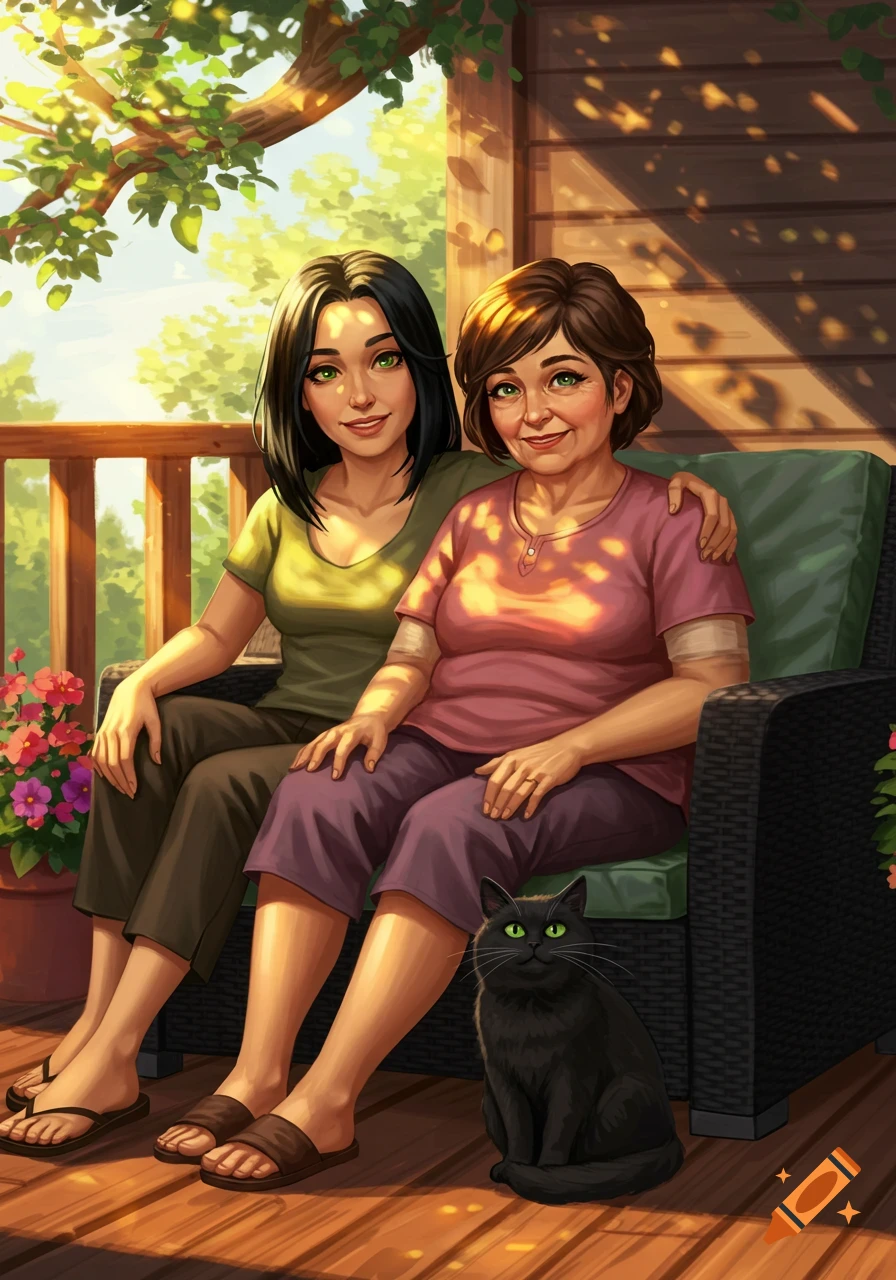 An illustrative portrait of a younger woman and an older woman sitting on a porch with a black cat beside them, enjoying the sun.