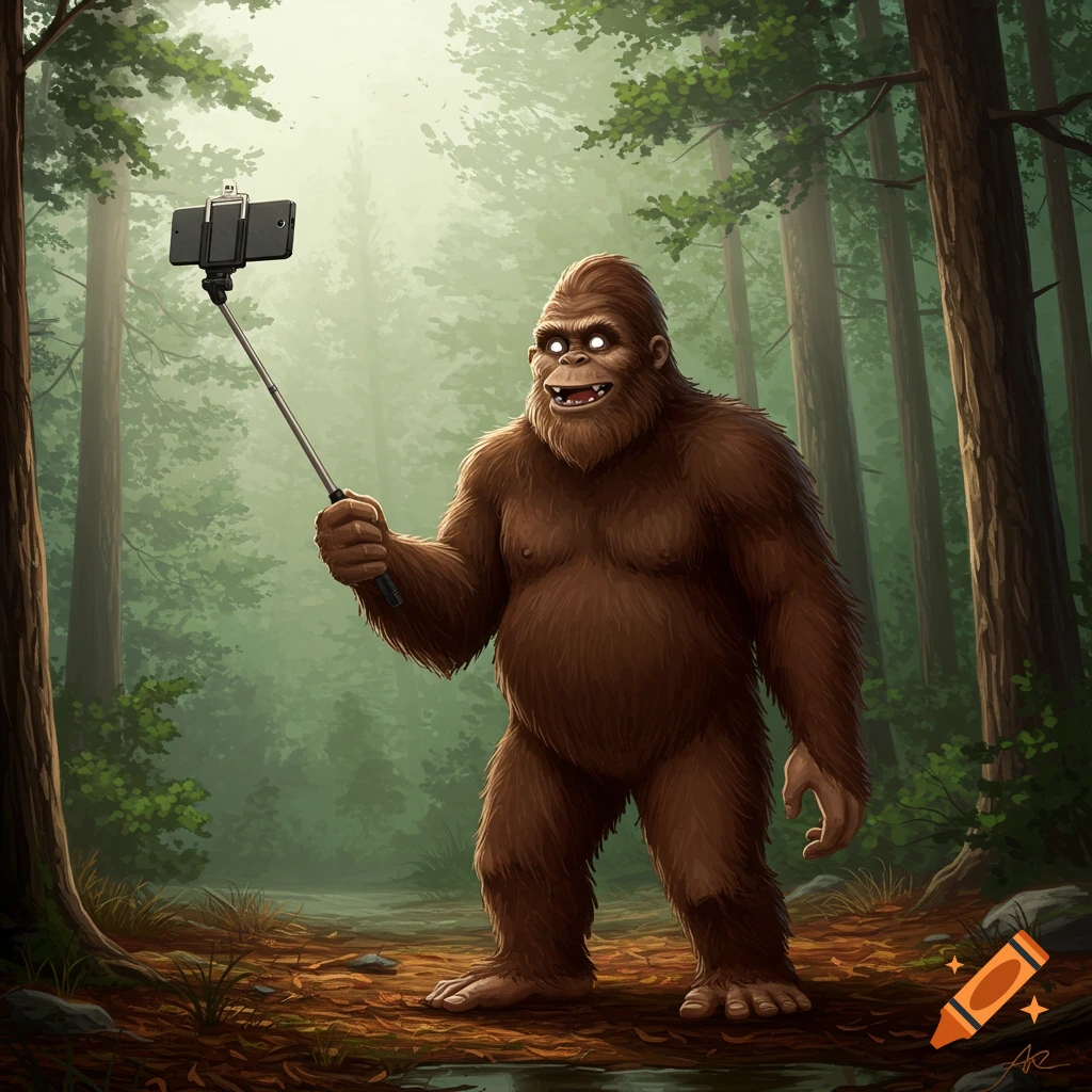 A smiling Bigfoot stands in a sunlit forest, holding a selfie stick with a phone, in a stylized illustration.