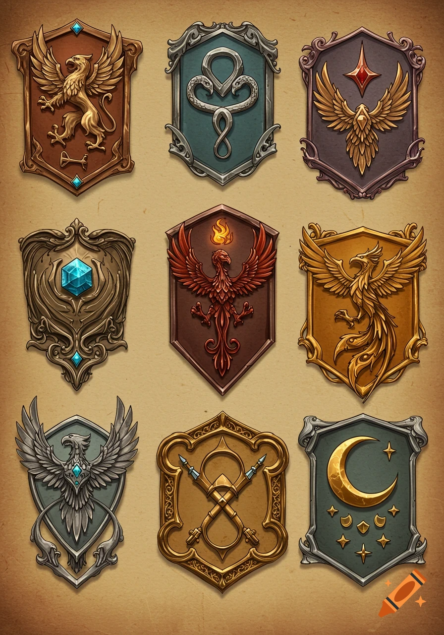 Nine ornate fantasy emblems or crests featuring a griffin, phoenixes, an eagle, snakes, a jewel, crossed staffs, and a moon with stars.