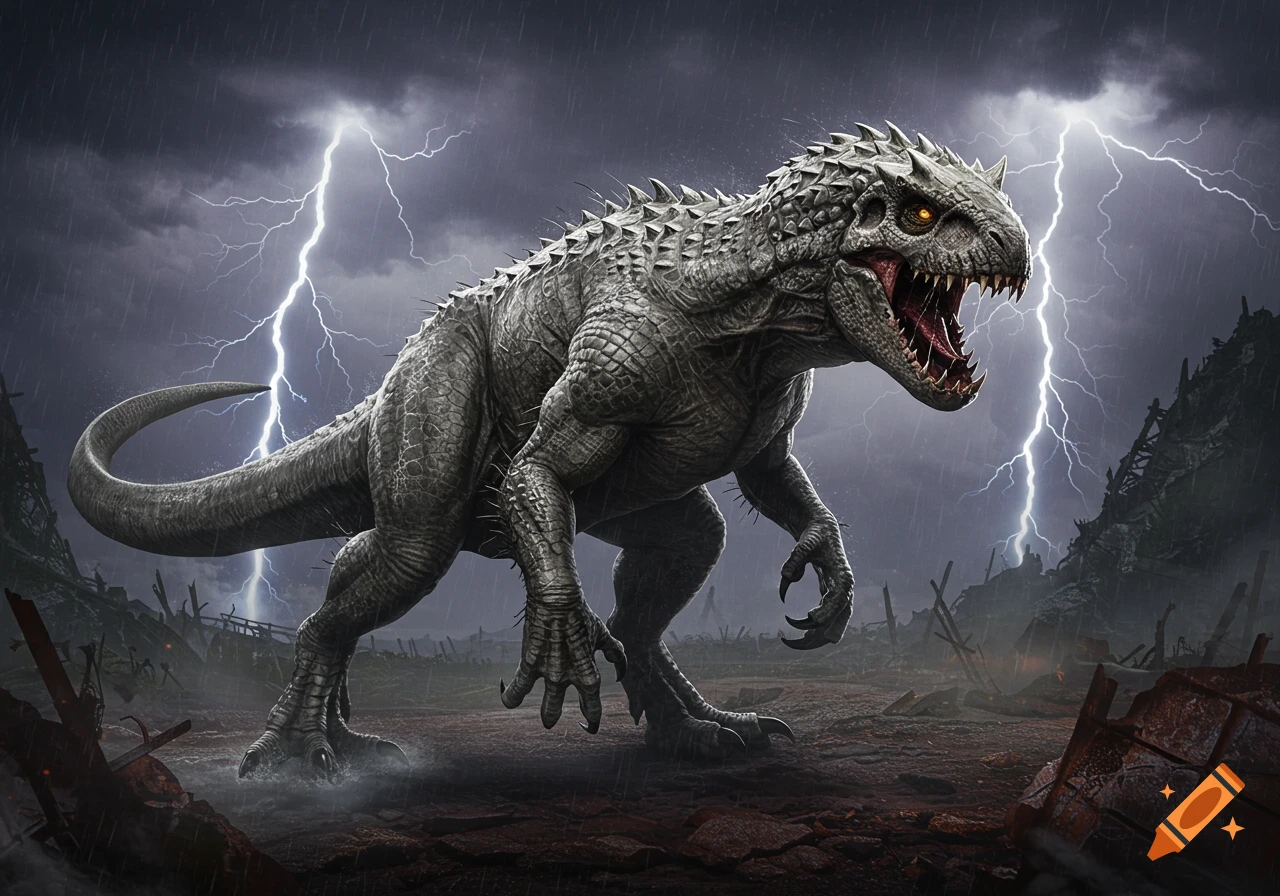 A grey, scaly, spiky monster with glowing eyes stands roaring in a stormy, destroyed landscape with lightning.