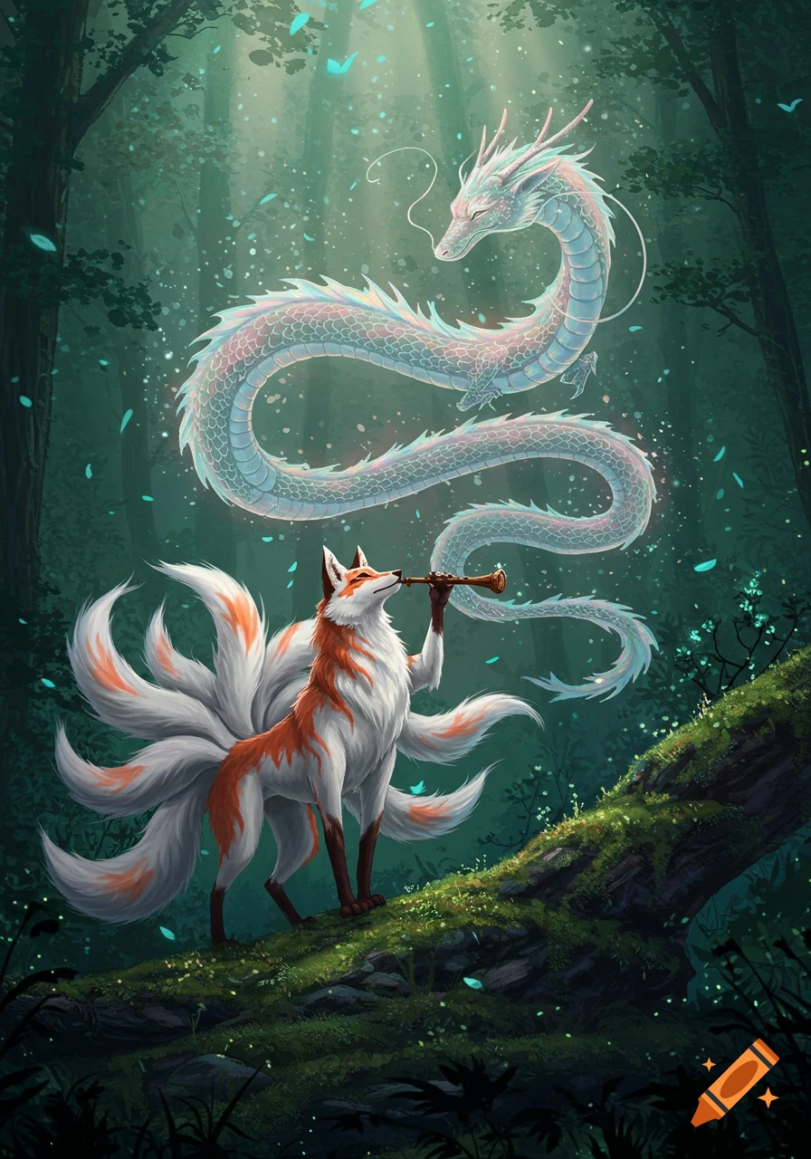 A nine-tailed fox plays a flute for a white dragon floating in an enchanted forest with glowing particles.