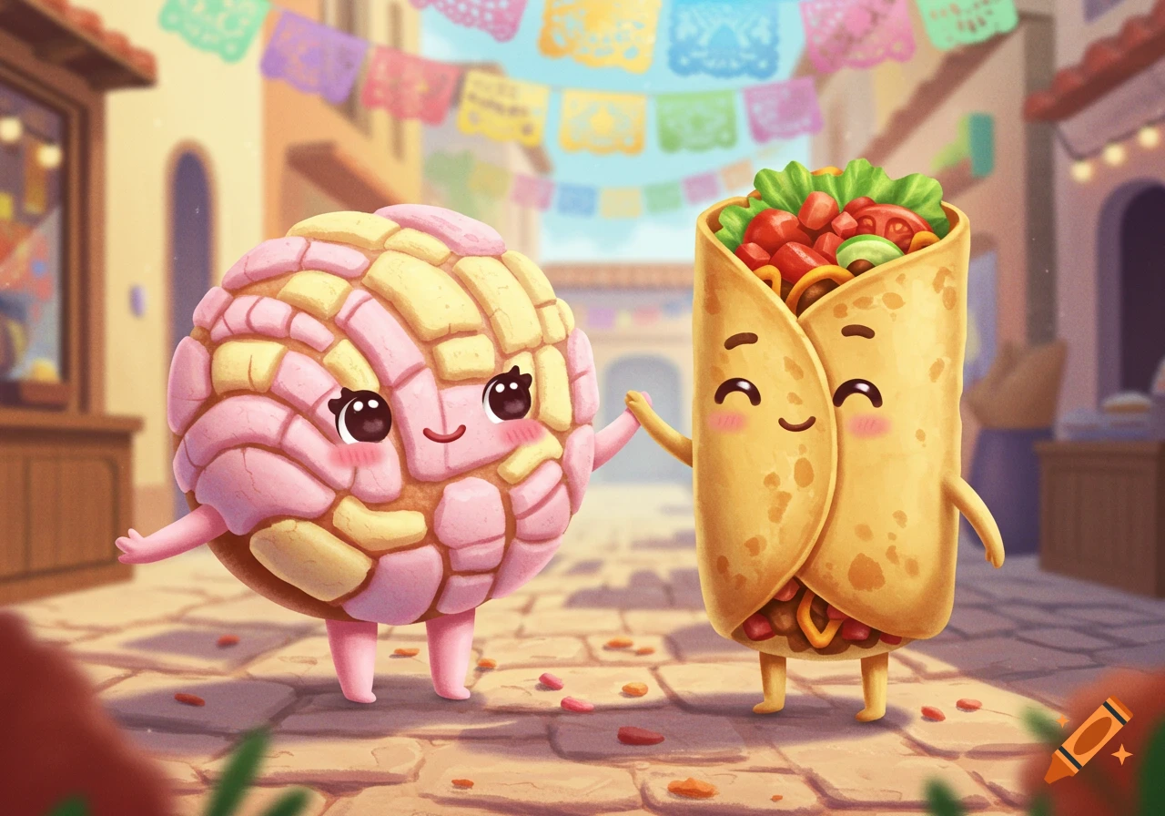 A cute cartoon concha and burrito holding hands on a vibrant street adorned with colorful papel picado.