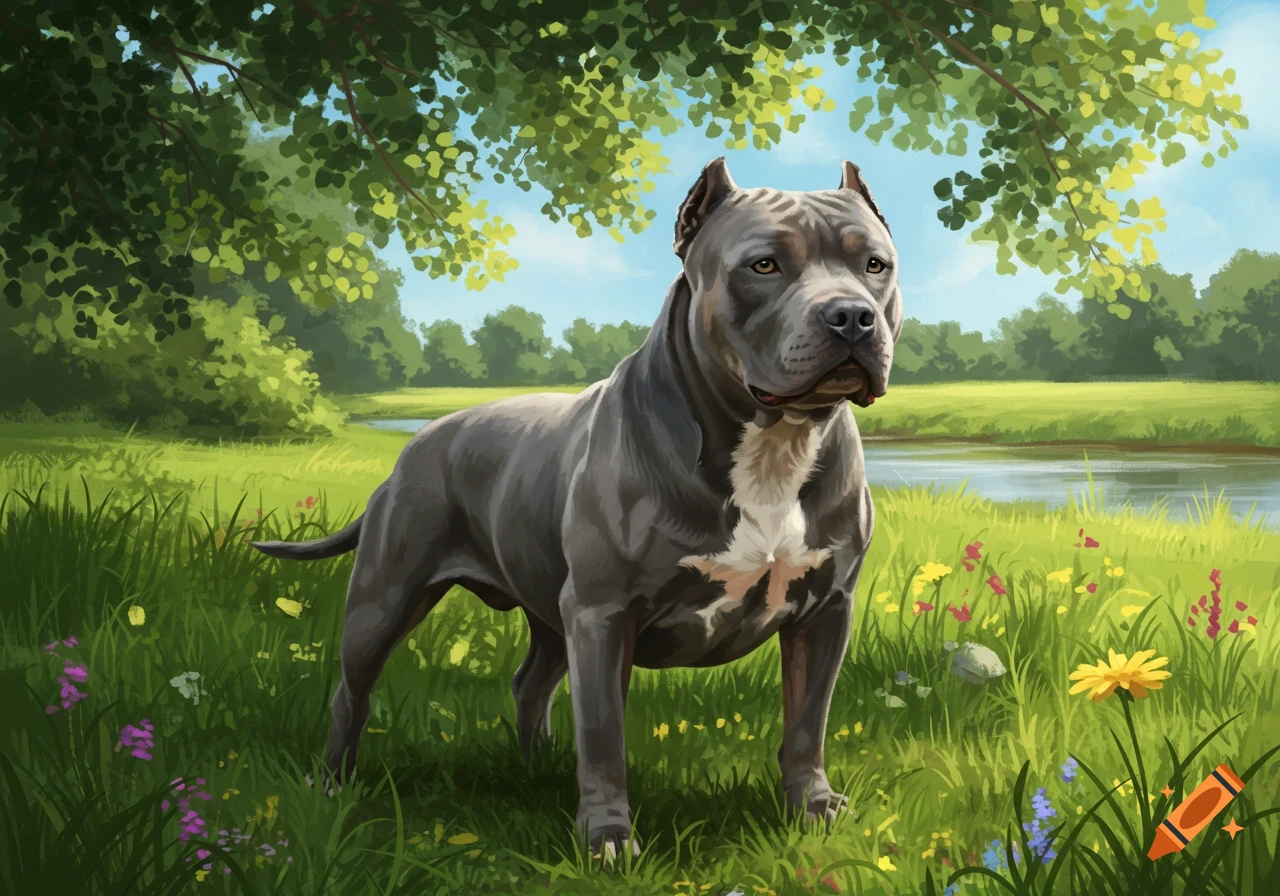 A muscular gray pitbull stands in a lush green meadow with wildflowers, a river, and trees under a blue sky, painted style.