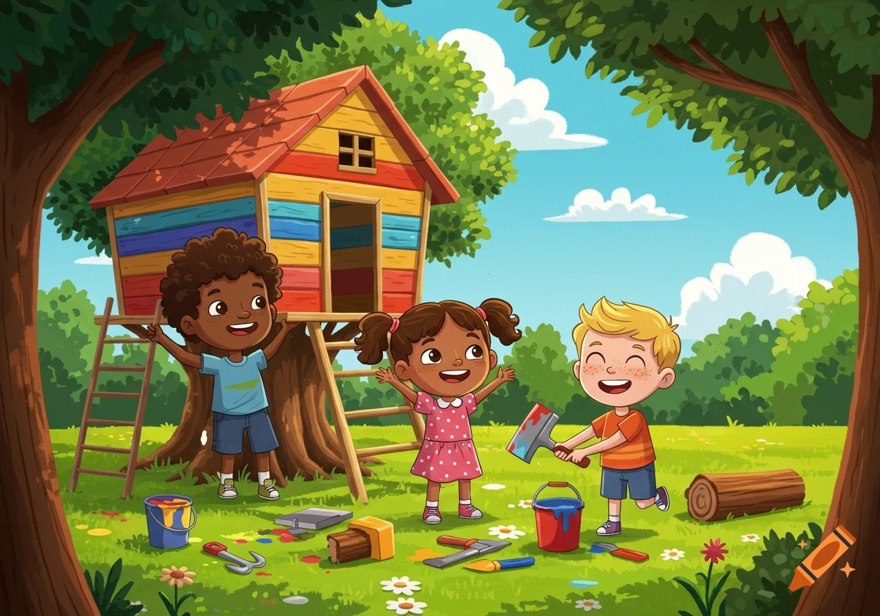 Three happy children playing around a colorful treehouse in a bright green yard, cartoon style.
