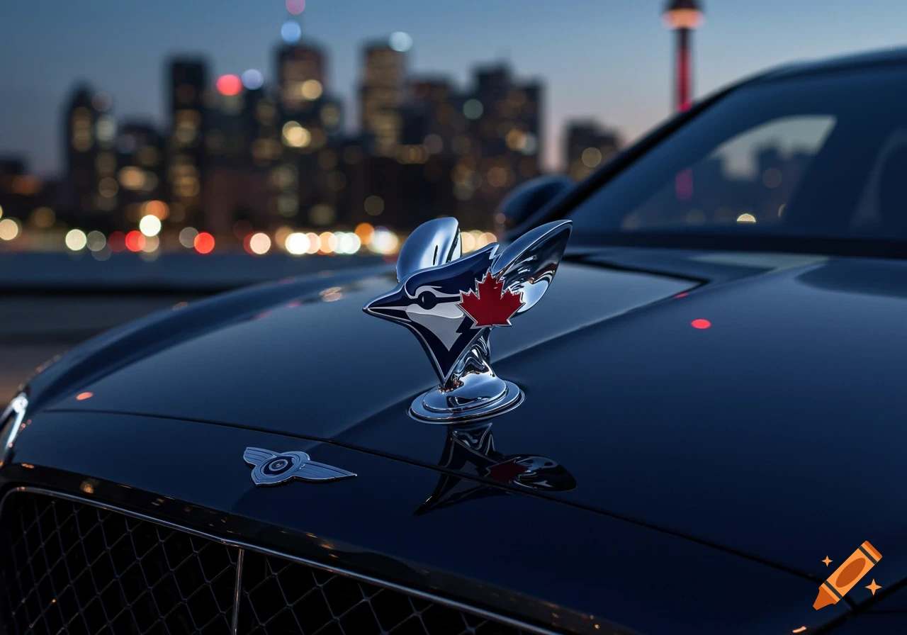 Close-up of a dark car's hood with a chrome Toronto Blue Jays bird hood ornament and a city skyline at dusk in the background.