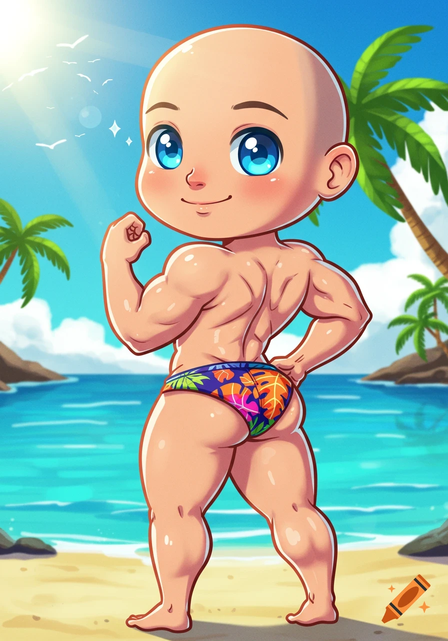 A cute, bald, blue-eyed cartoon man with muscles flexing in a tropical swimsuit on a sunny beach.