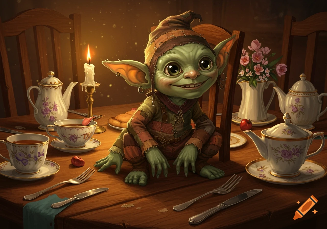 A friendly green goblin-like creature sits at a wooden table set with teacups, teapots, and a lit candle.