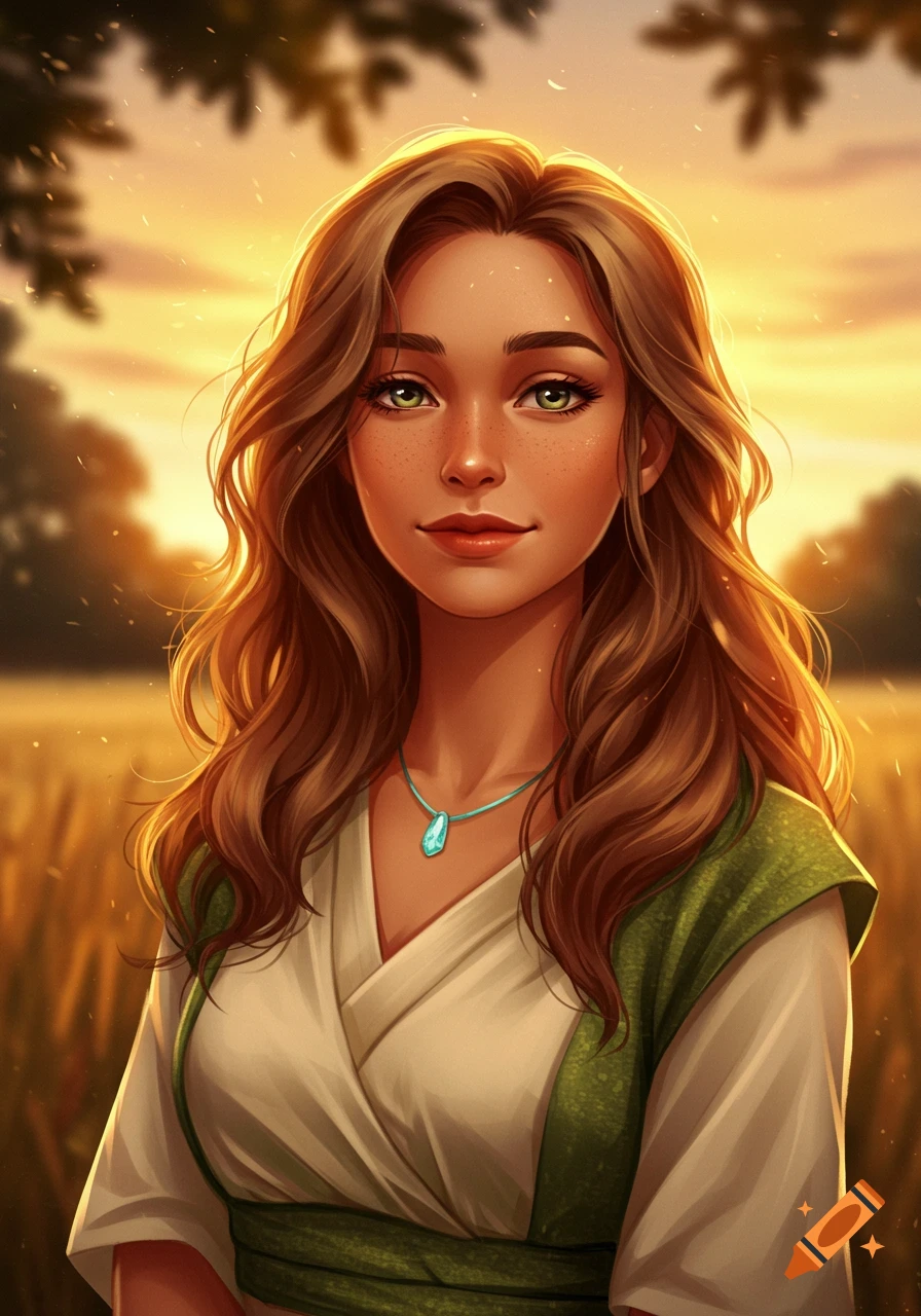 Stylized digital painting of a young woman with long brown hair and green eyes, wearing a white and green outfit with an aquamarine necklace, standing in a field at sunset.