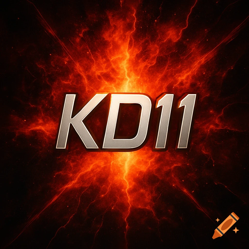A silver metallic 'KD11' logo against a dramatic red and orange fiery explosion background.
