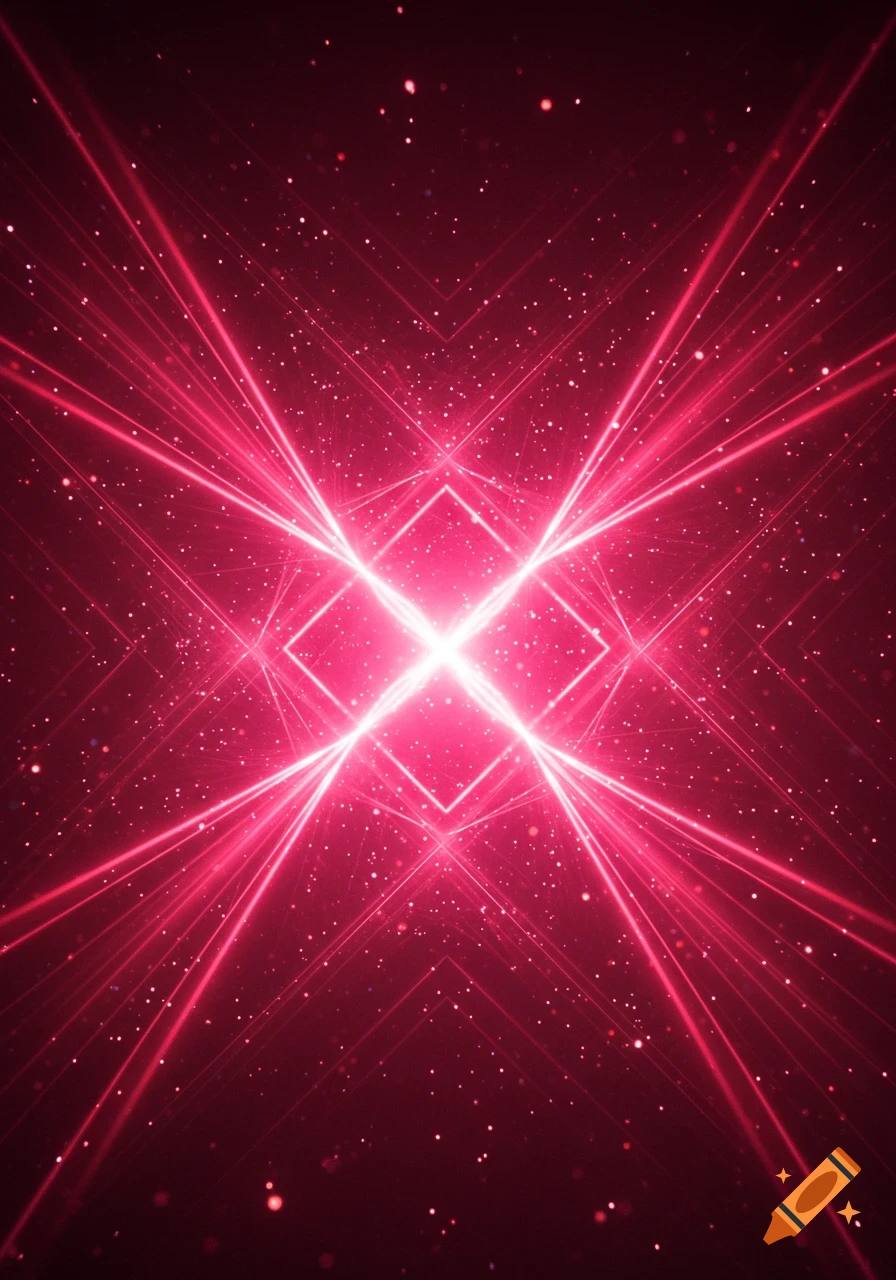 A vibrant pink abstract background with glowing light beams forming a diamond shape, surrounded by scattered white particles.