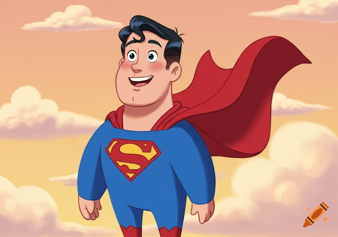 A cartoon Superman with a blue suit, red cape, and iconic 'S' logo on his chest smiles while flying against a cloudy orange sky.