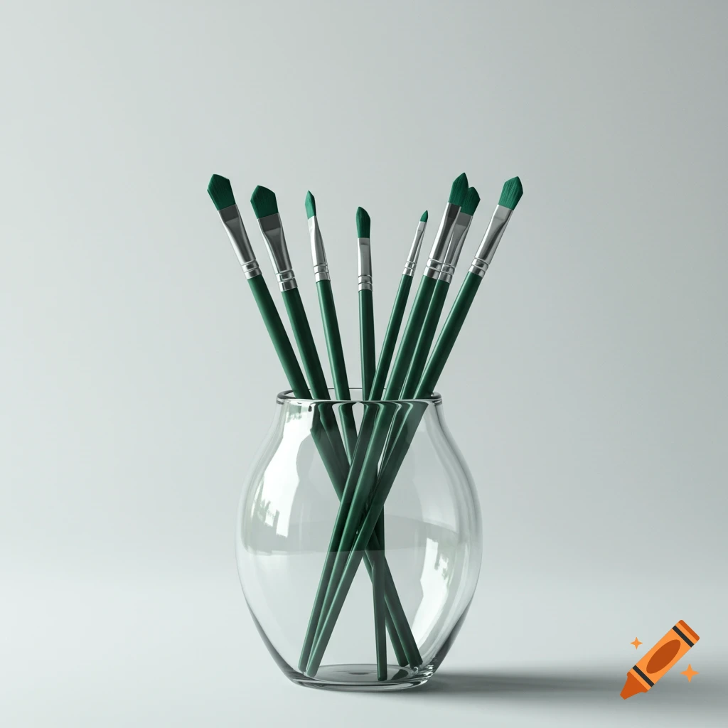 Green artist brushes in a clear glass vase against a light background.