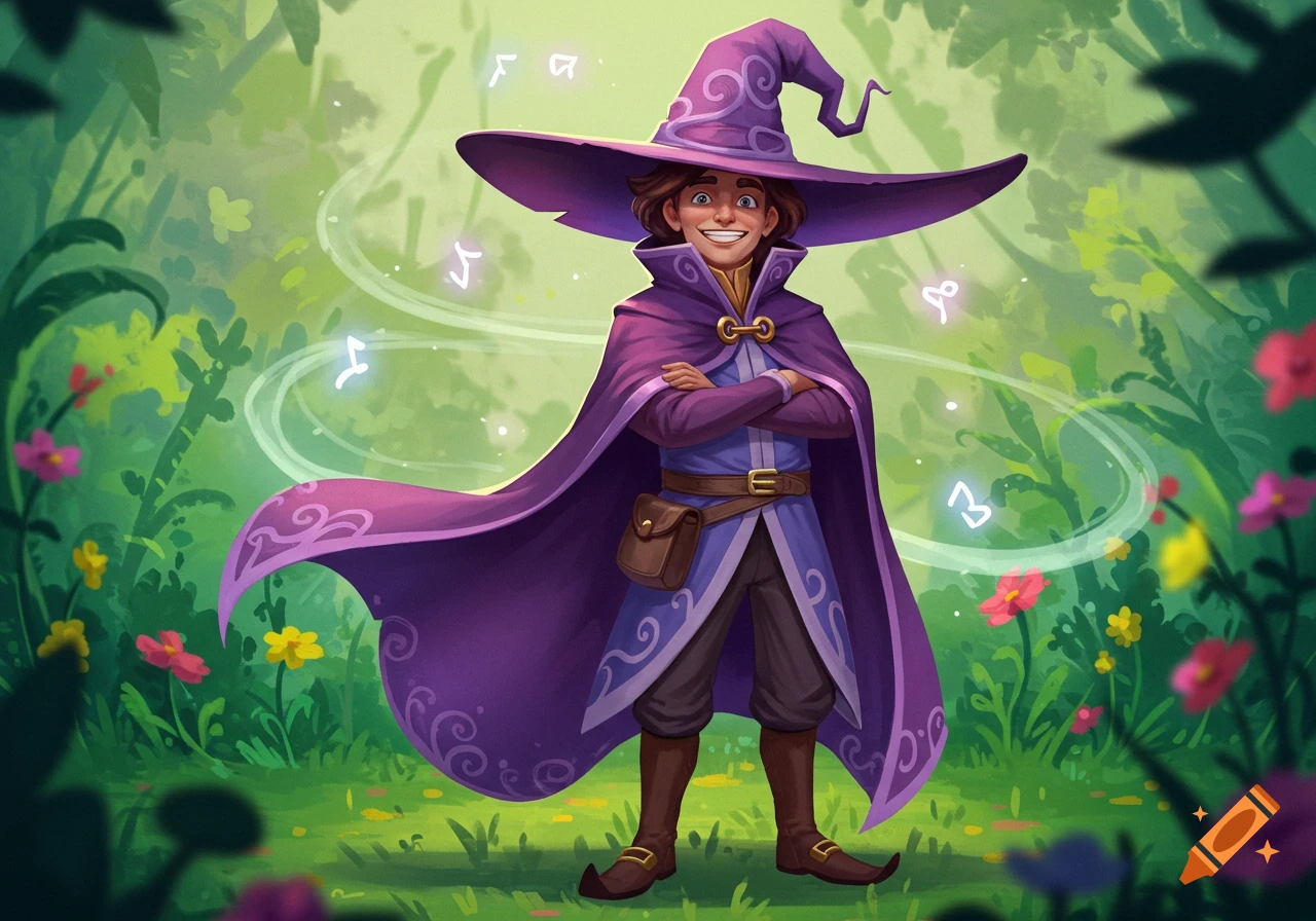 A smiling male wizard in a purple cloak and hat stands with crossed arms in a magical forest with glowing runes, in a cartoony style.