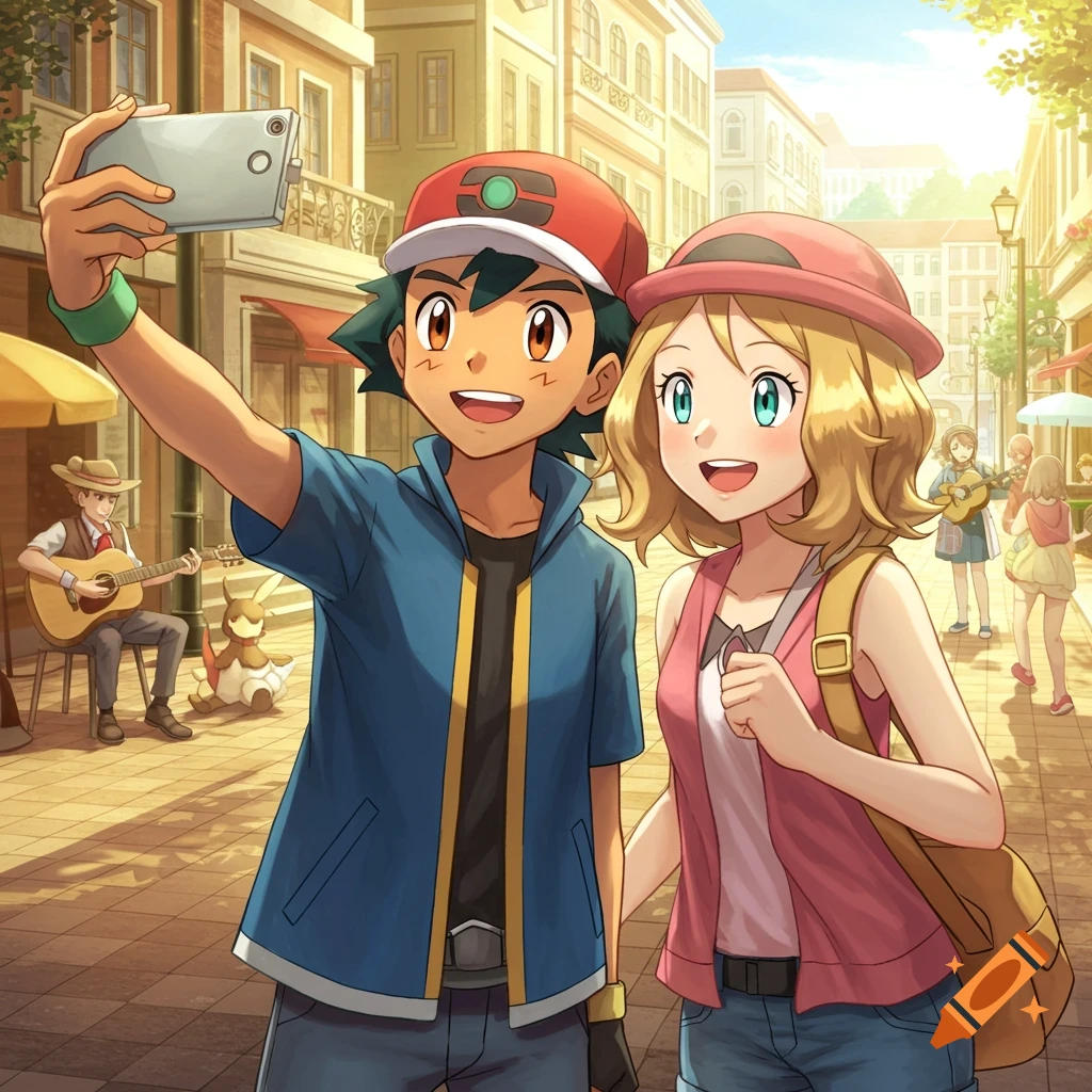 Ash Ketchum and Serena from Pok emon take a selfie on a sunny, bustling city street in anime style.