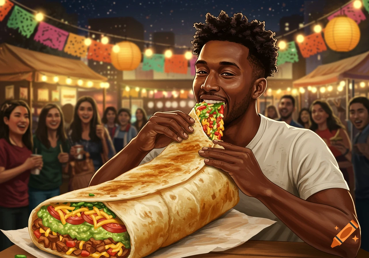 A Black man gleefully eats a giant burrito at a lively night market with colorful lanterns and banners in a vibrant illustration.