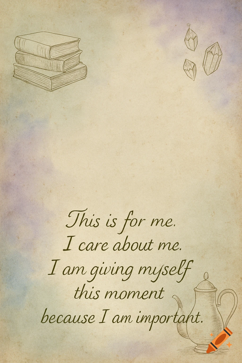Vintage paper with line art of stacked books, crystals, and a teapot, featuring the inspirational text: 'This is for me. I care about me. I am giving myself this moment because I am important.'