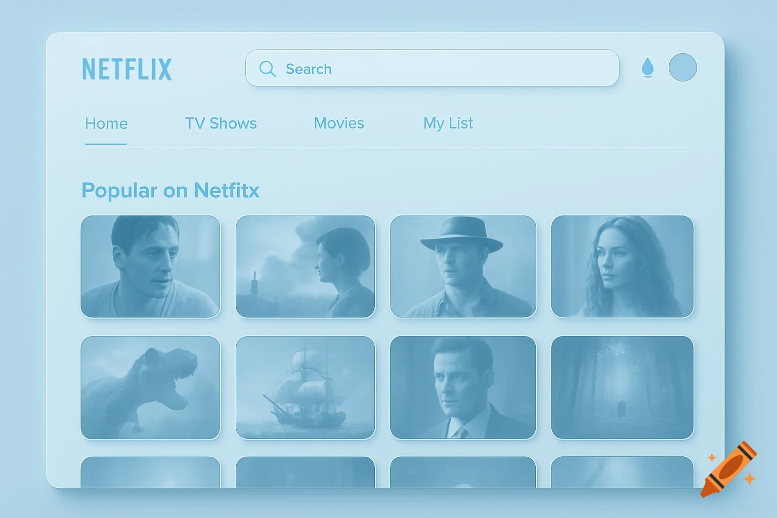 A light blue user interface resembling a Netflix movie layout with a search bar, navigation links, and blurred movie previews.