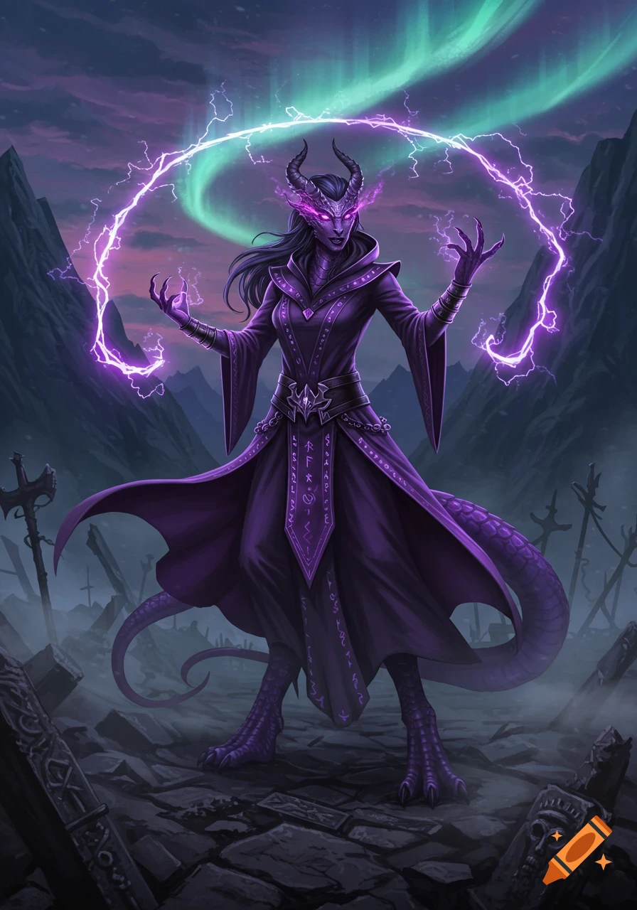 A powerful female purple dragonborn sorcerer casts bright purple lightning against a dark mountain landscape with a green aurora.