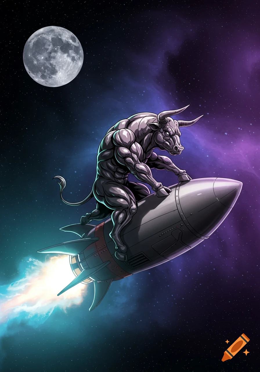 A muscular bull riding a rocket through space towards the moon, in an NFT art style.