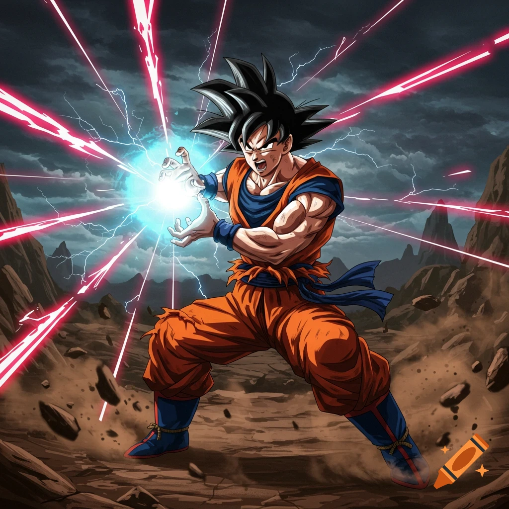 Goku from Dragon Ball powering up a blue energy blast in a rocky landscape with red streaks and a stormy sky, anime style.