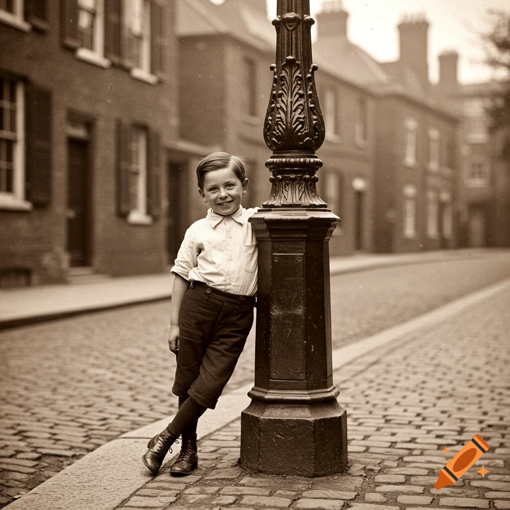 A sepia-toned vintage photo of a young British boy smiling, leaning against a lamppost on a cobblestone street.