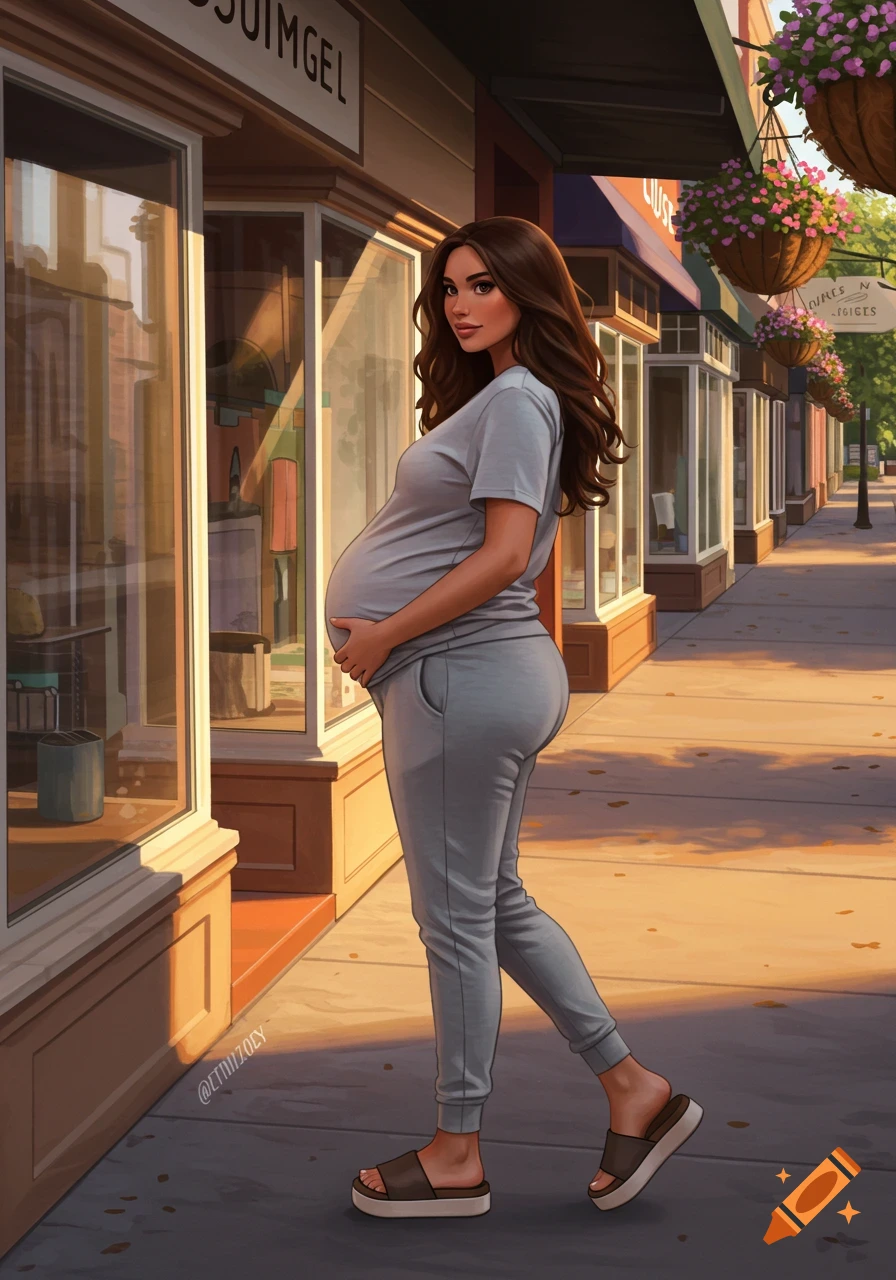 A stylized illustration of a pregnant woman with long brown hair, wearing a gray t-shirt, gray sweatpants, and sandals, walking on a sidewalk in front of shops at sunset.