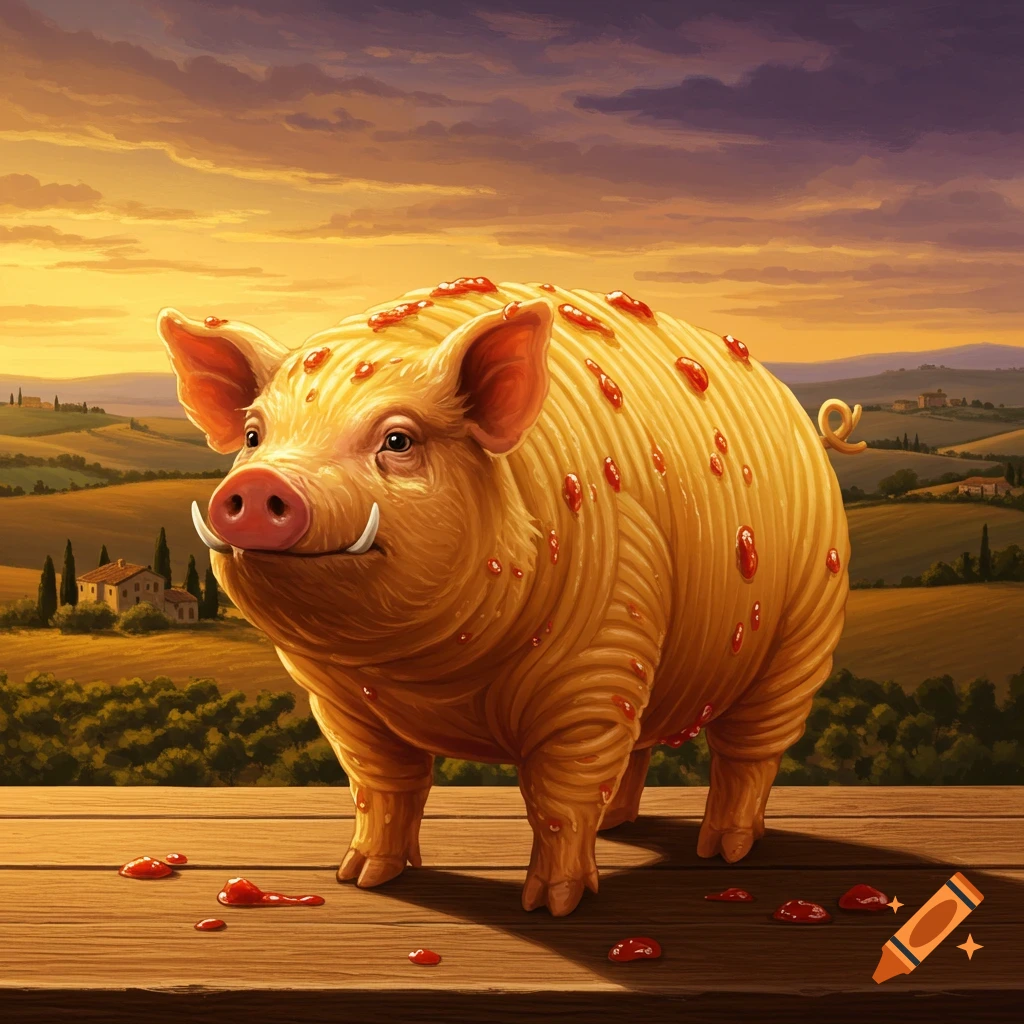 A Pigatoni creature made of rigatoni pasta with tomato sauce, standing on a wooden surface in a Tuscan landscape at sunset.
