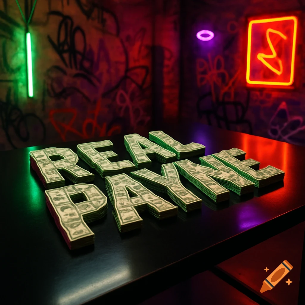 Stacks of money forming 'REAL PAYNE' on a dark table in a graffiti-covered room with neon lights.