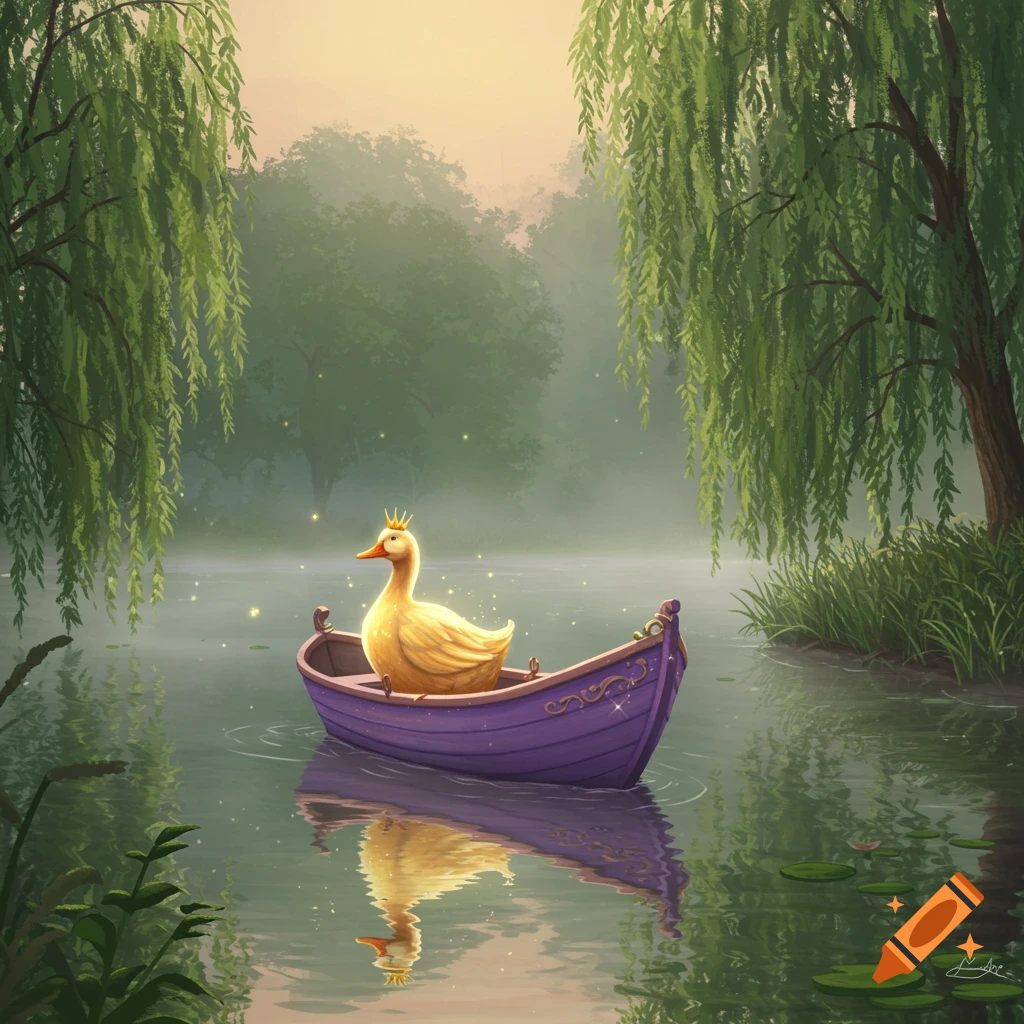 A golden duck with a crown sits in a purple boat on a serene, misty river surrounded by willow trees and sparkling lights in an illustrated style.
