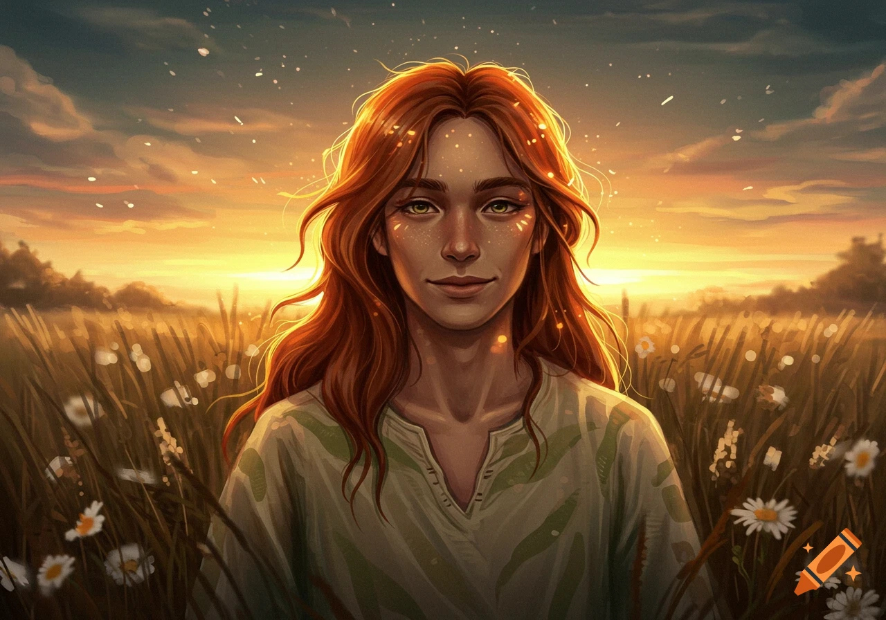 A woman with long red hair and green eyes stands in a field of tall grass and daisies at sunset, with a warm glow.