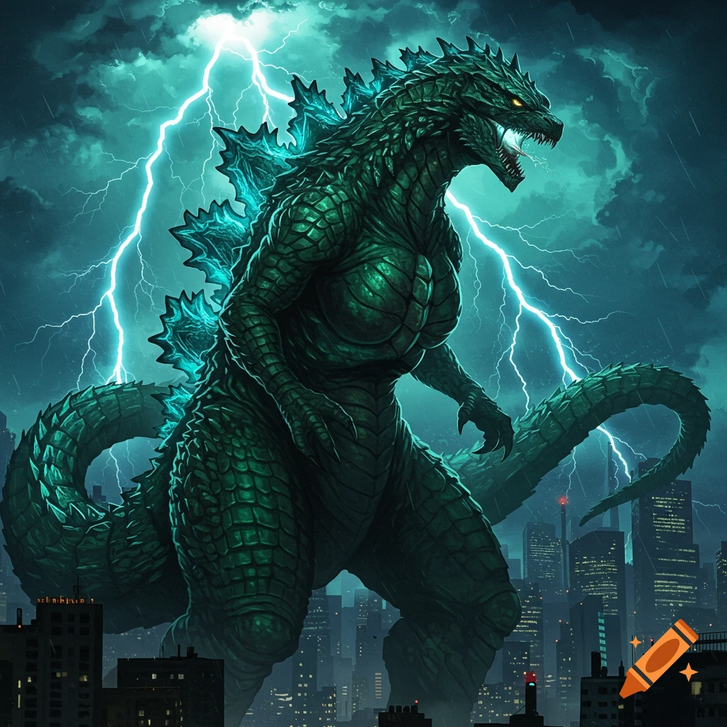 A giant, green, scaly monster resembling Godzilla stands over a city at night as bright lightning strikes behind it.