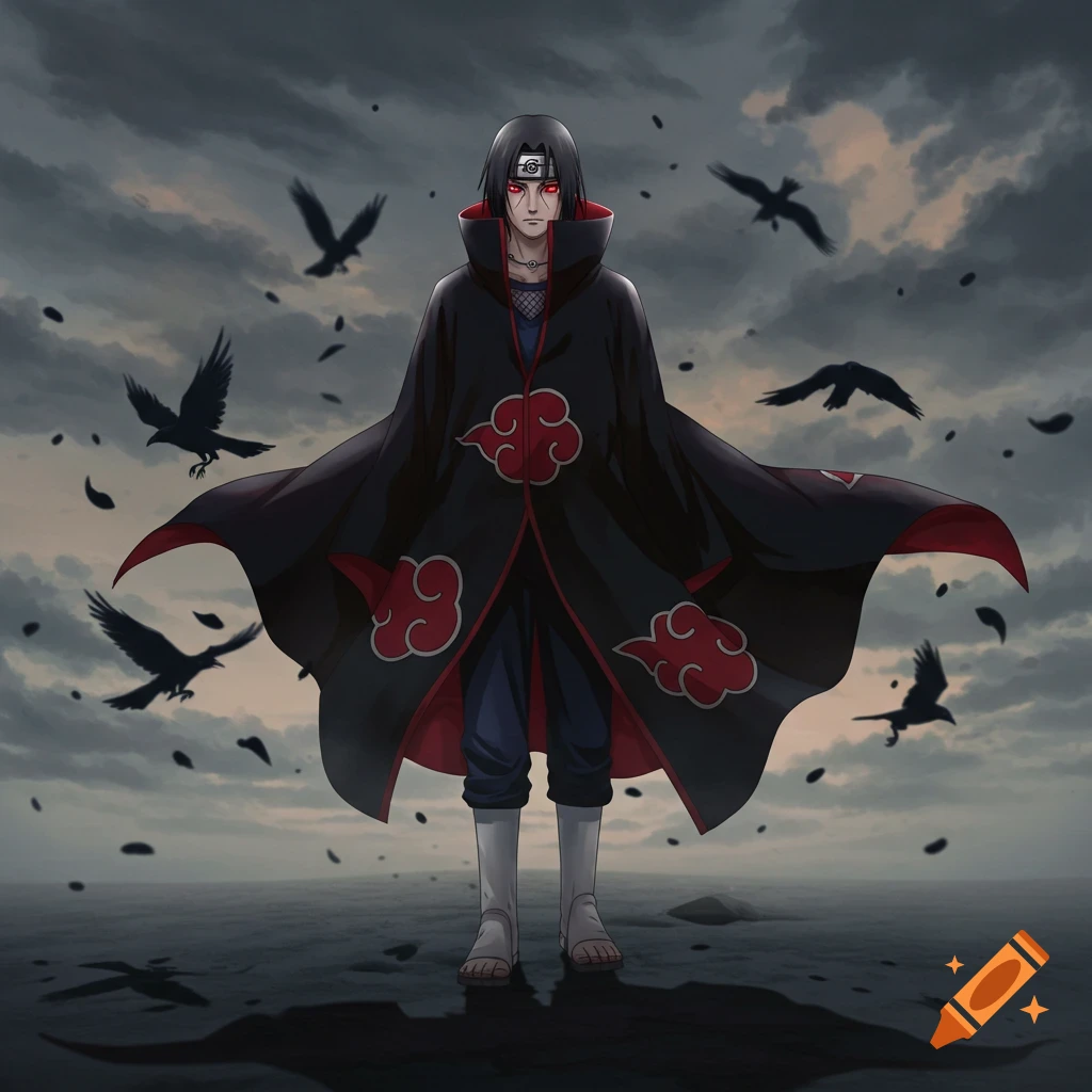 Anime character Itachi Uchiha in a black and red Akatsuki cloak stands under a dark, cloudy sky with black crows and feathers around him.