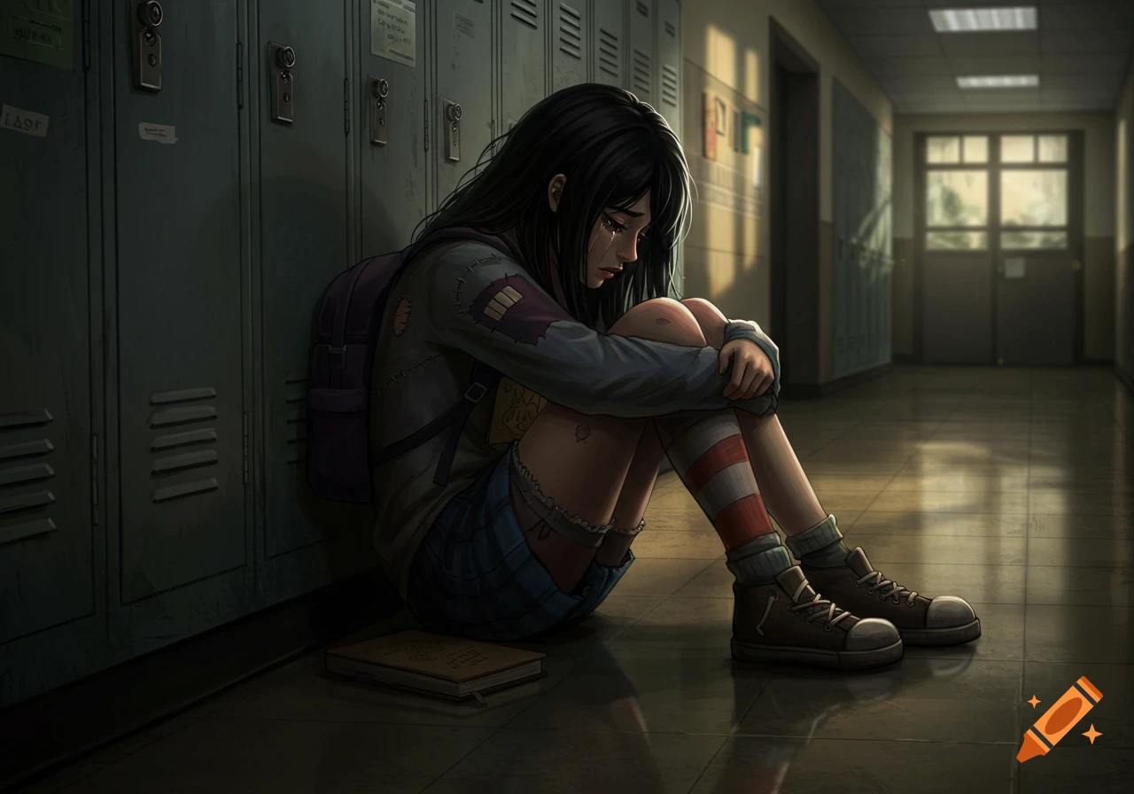 A sad, crying student girl sits on the floor in a dim school hallway, leaning against lockers with a backpack and a book beside her, in an anime art style.