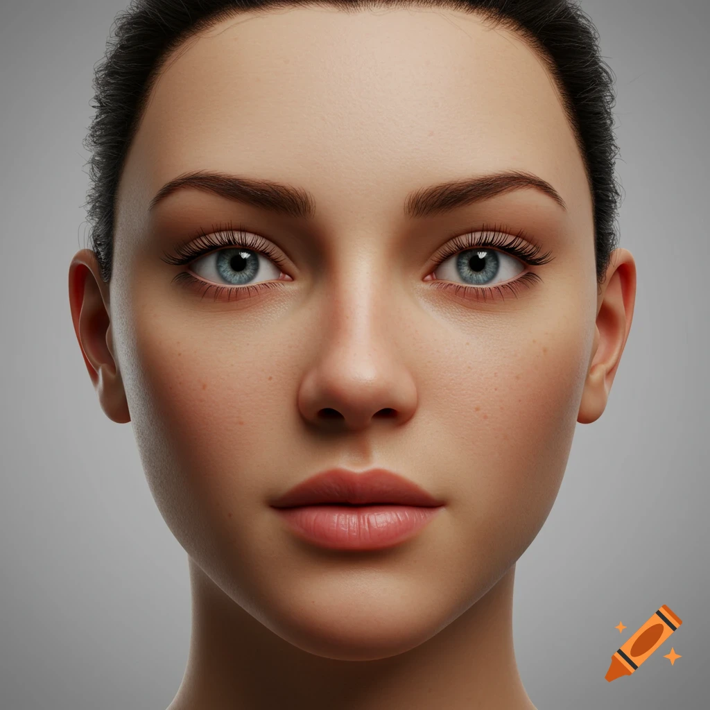 A photorealistic, hyper-detailed, front-facing portrait of a young woman's face with blue eyes and a neutral expression against a plain background.