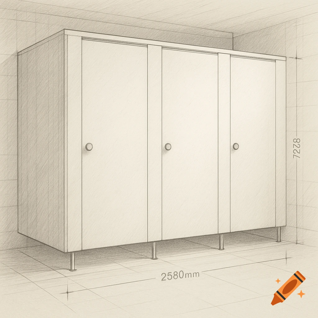 Pencil sketch of three toilet cubicles with dimensions 2580mm and 7228mm marked.