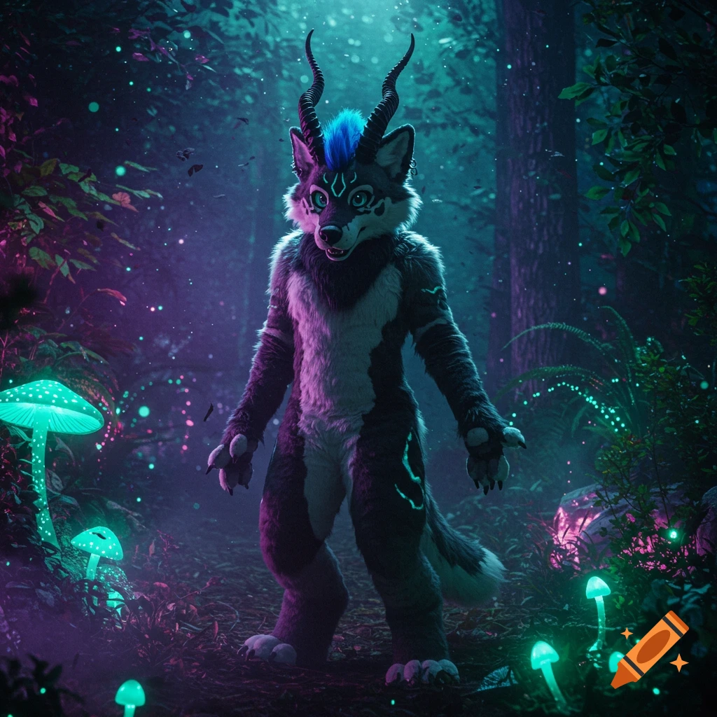 A wolf fursuit with horns and a blue mohawk stands in a glowing, bioluminescent forest at night.
