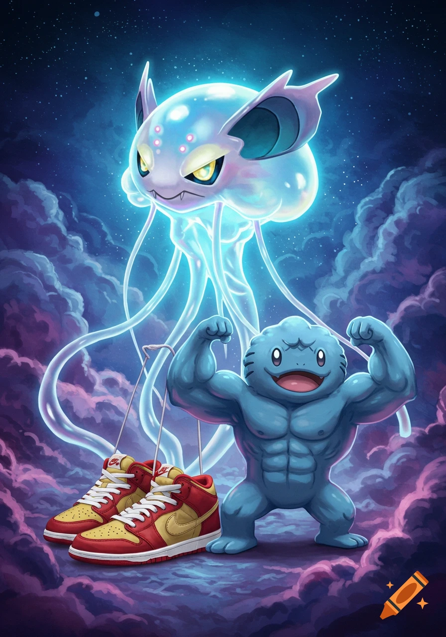 A muscular blue Wooper flexing while holding a pair of red and yellow Nike shoes, with a glowing jellyfish-like Nihilego floating above them in a starry, cloudy sky, in an illustrative style.