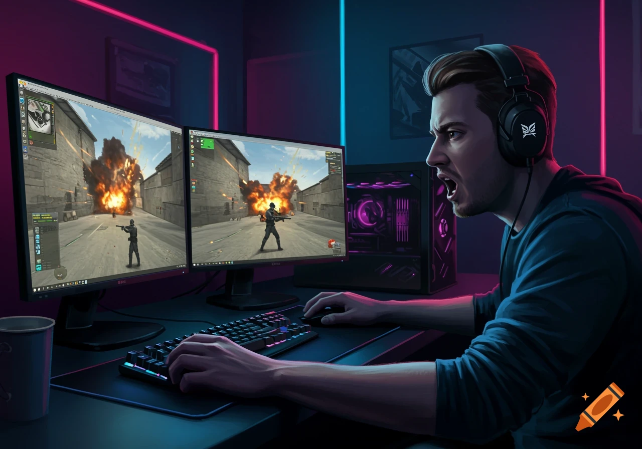 A male gamer with headphones sits at a desk with two monitors, playing a first-person shooter game with explosions.