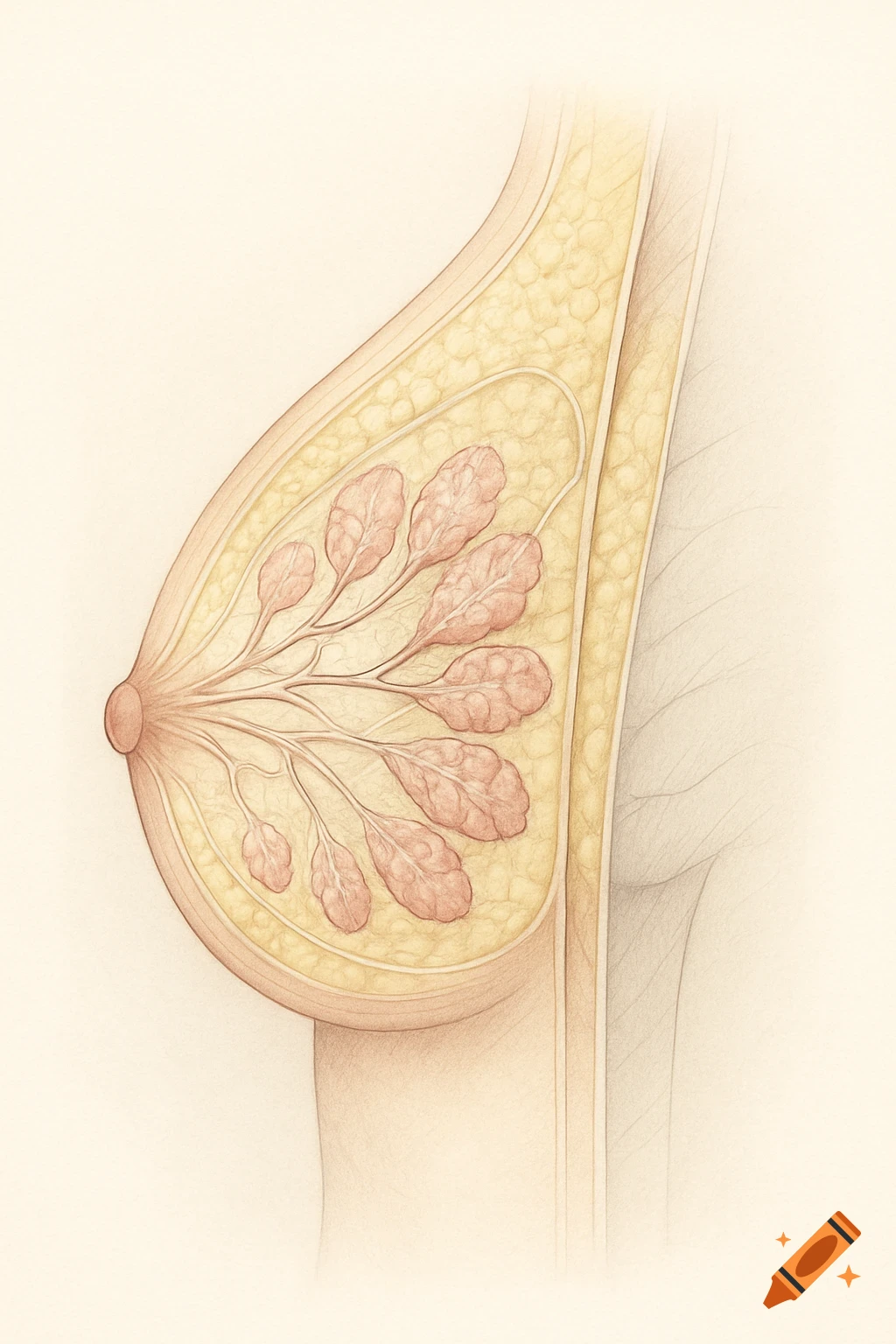 Detailed anatomical illustration of a female breast showing internal structures like lobules and ducts.