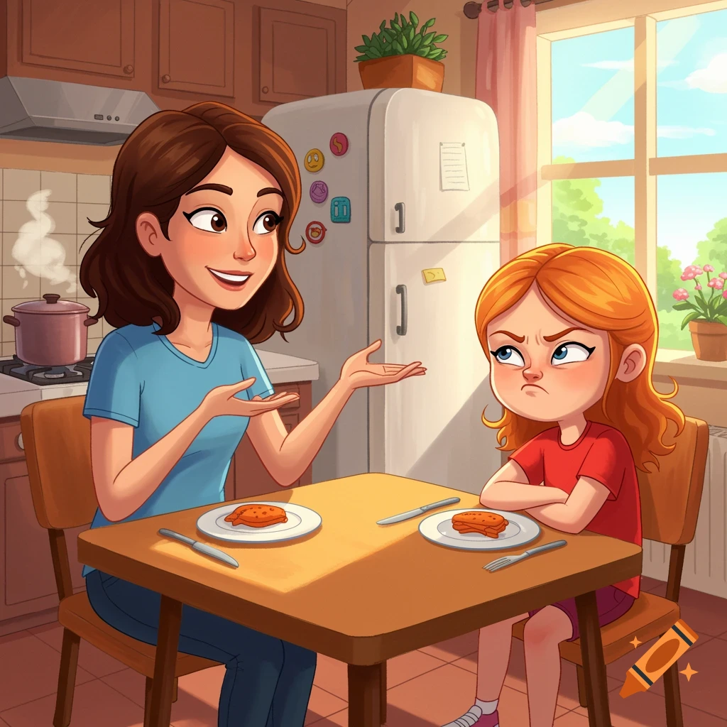 A cartoon mother talks to her grumpy daughter at a kitchen table with plates of food.