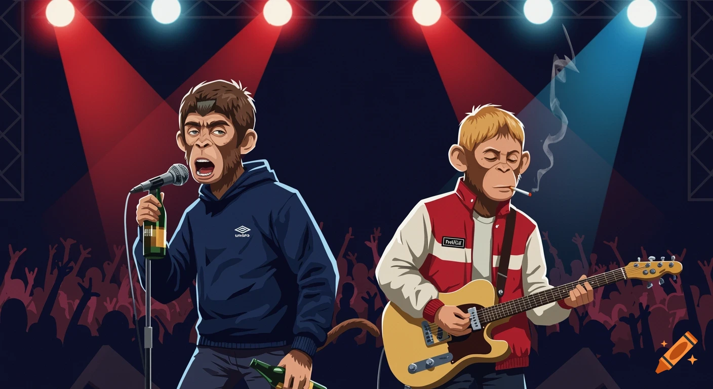 Cartoon monkeys performing on a concert stage, one singing into a mic, the other playing guitar.