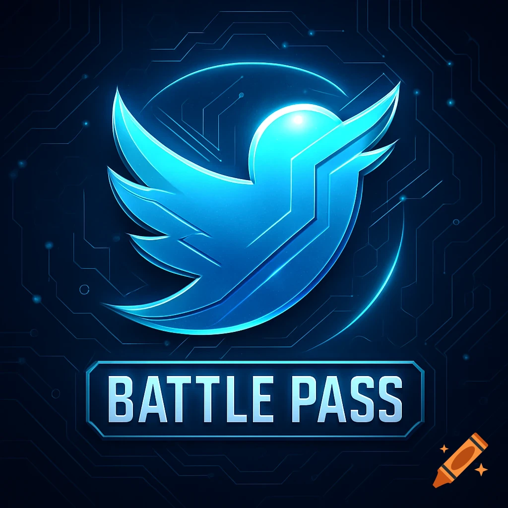 A glowing blue bird logo resembling Twitter above 'BATTLE PASS' text, on a dark circuit board background in digital art style.