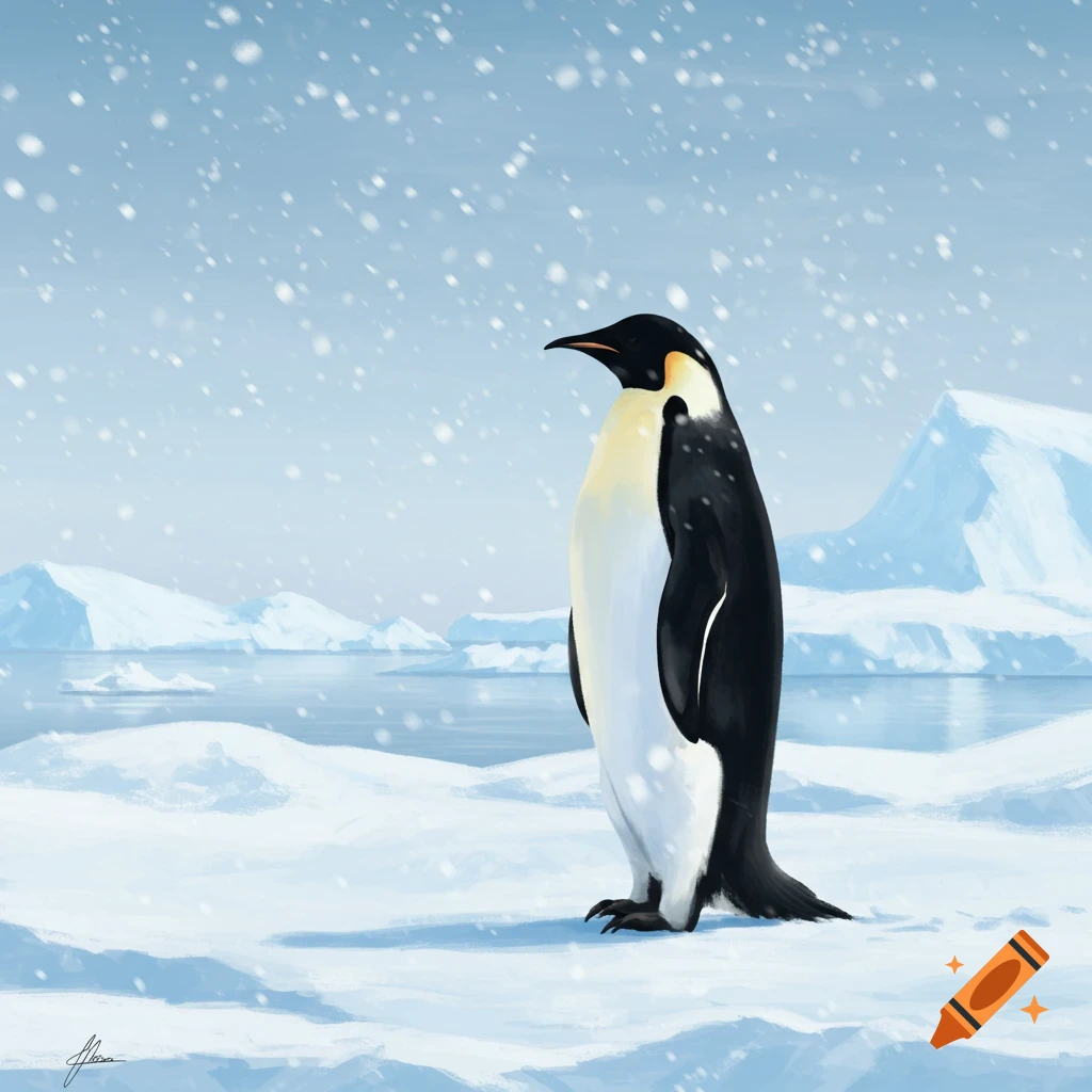 An emperor penguin stands in a snowy arctic landscape with icebergs and water under falling snow, in an illustration style.