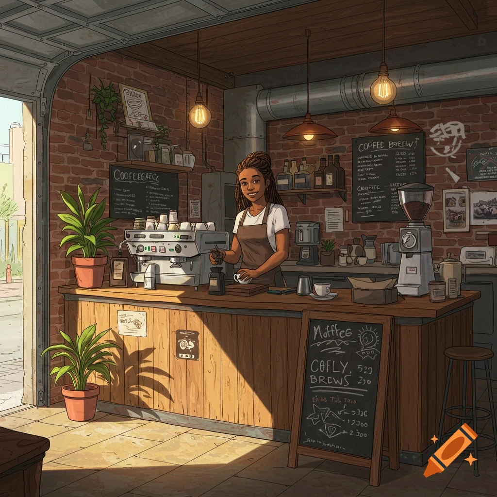 A smiling Black female barista with braids stands behind a wooden counter, making coffee in an illustrative coffee shop.